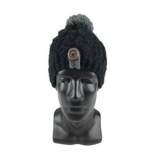 Moon Shadow Womens Black Gray 100% Acrylic Pom Top‎ Knitted Beanie Hat One Size